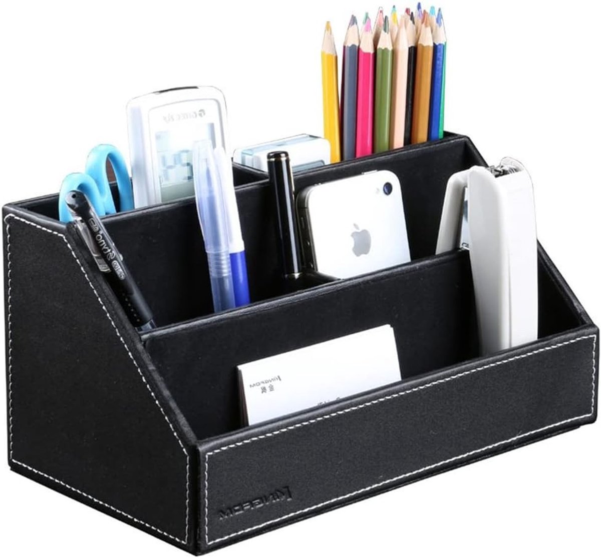 Multifunctionele Houten Bureau Organizer met Leerafwerking - Ruimtebesparend en Stijlvol Design voor Thuis en Kantoor