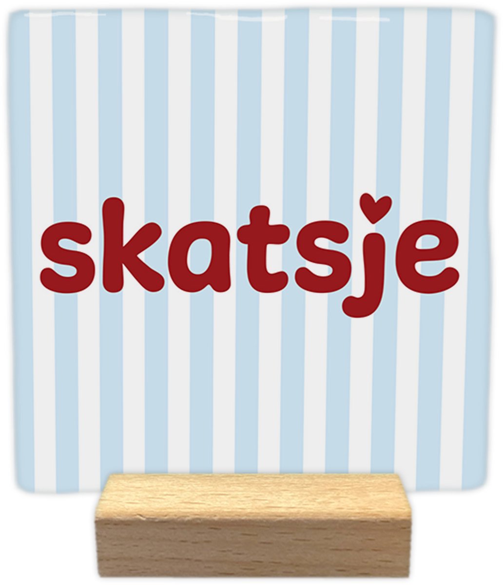 Skatsje - Keramische decoratie tegel - incl. houten presenteerblok