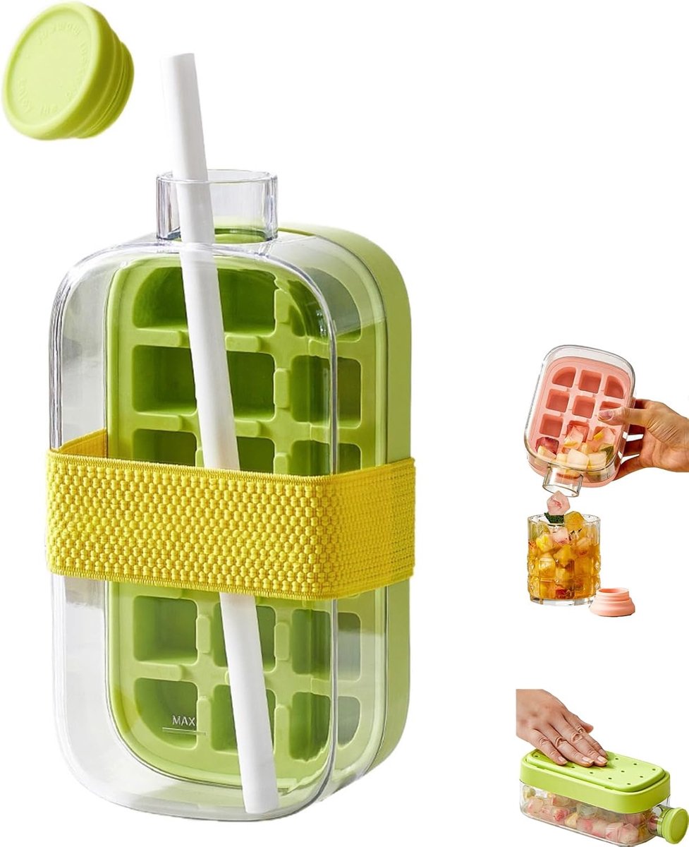 2-in-1 Ijsblokjesfles met Rietje - 800ML Draagbare Ijsmaker - Zelfgemaakte Ijsblokjesvorm - Waterfles Kunststof - Drinkfles -Perfect voor het maken van koffie, sap, cocktails of gekoelde drankjes - 21.7*10.8 cm - Groen