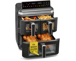 GOURMETmaxx FryUp3 Verticale heteluchtfriteuse, 3 kamers, heteluchtfriteuse XXL, 17 liter, airfryer met inklapbaar touchdisplay, 12 onetouch-programma's, kijkvenster, airfryer voor 12 personen