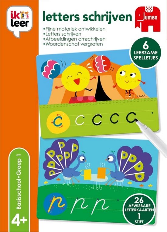 Doos met leerzame spelletjes: 'letters schrijven'. Met afbeeldingen van gele cirkels en pauwen. Bevat ook de letter C en P.
