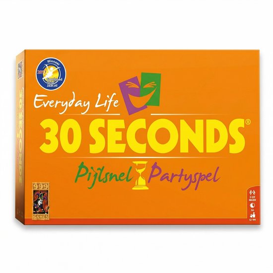 Oranje speldoos van 30 Seconds met gele letters en paarse en groene maskers.