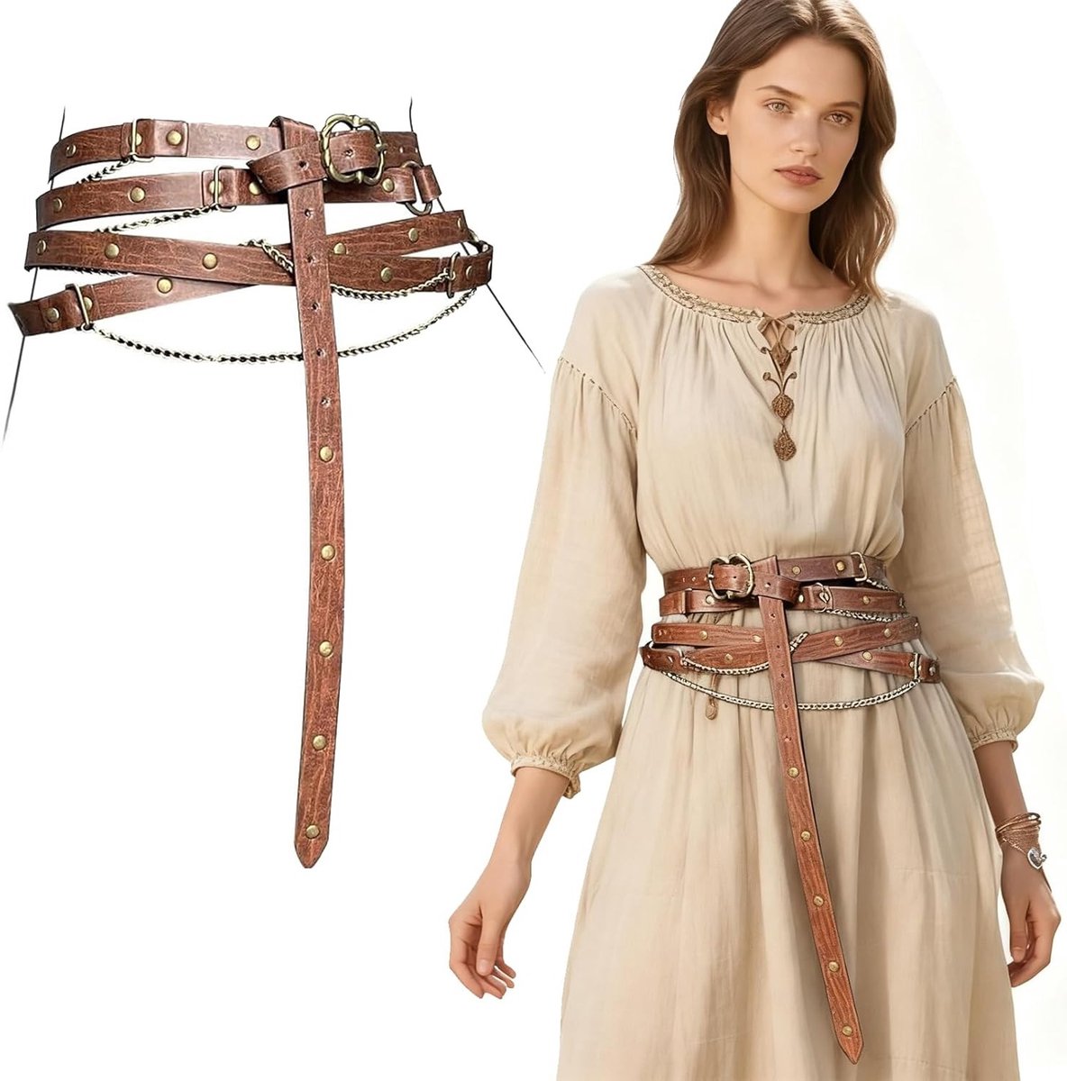 Middeleeuwse verstelbare kettingriem van kunstleer, retro sjerp voor dames, perfect voor cosplay en dagelijks gebruik