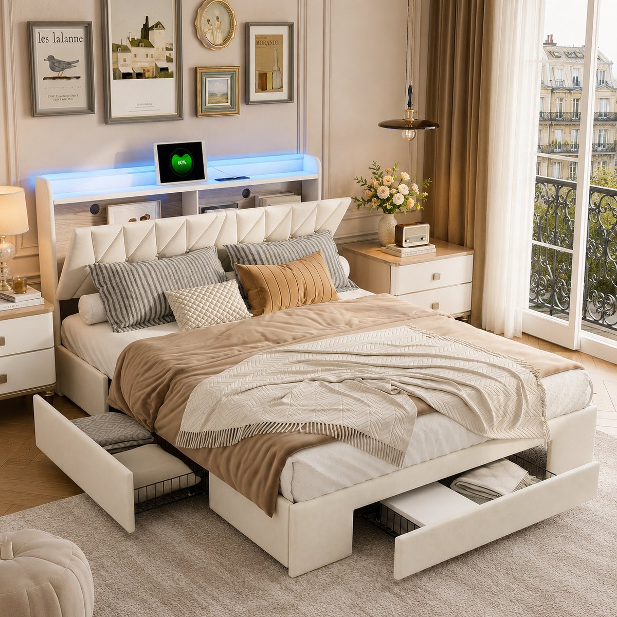 Tweepersoonsbed 140x190 cm met ledverlichting en USB-aansluiting, Type-C, gestoffeerd bed met lattenbodem en 3 opberglades, geschikt voor 2 personen (volwassenen, tieners), fluweel, Beige