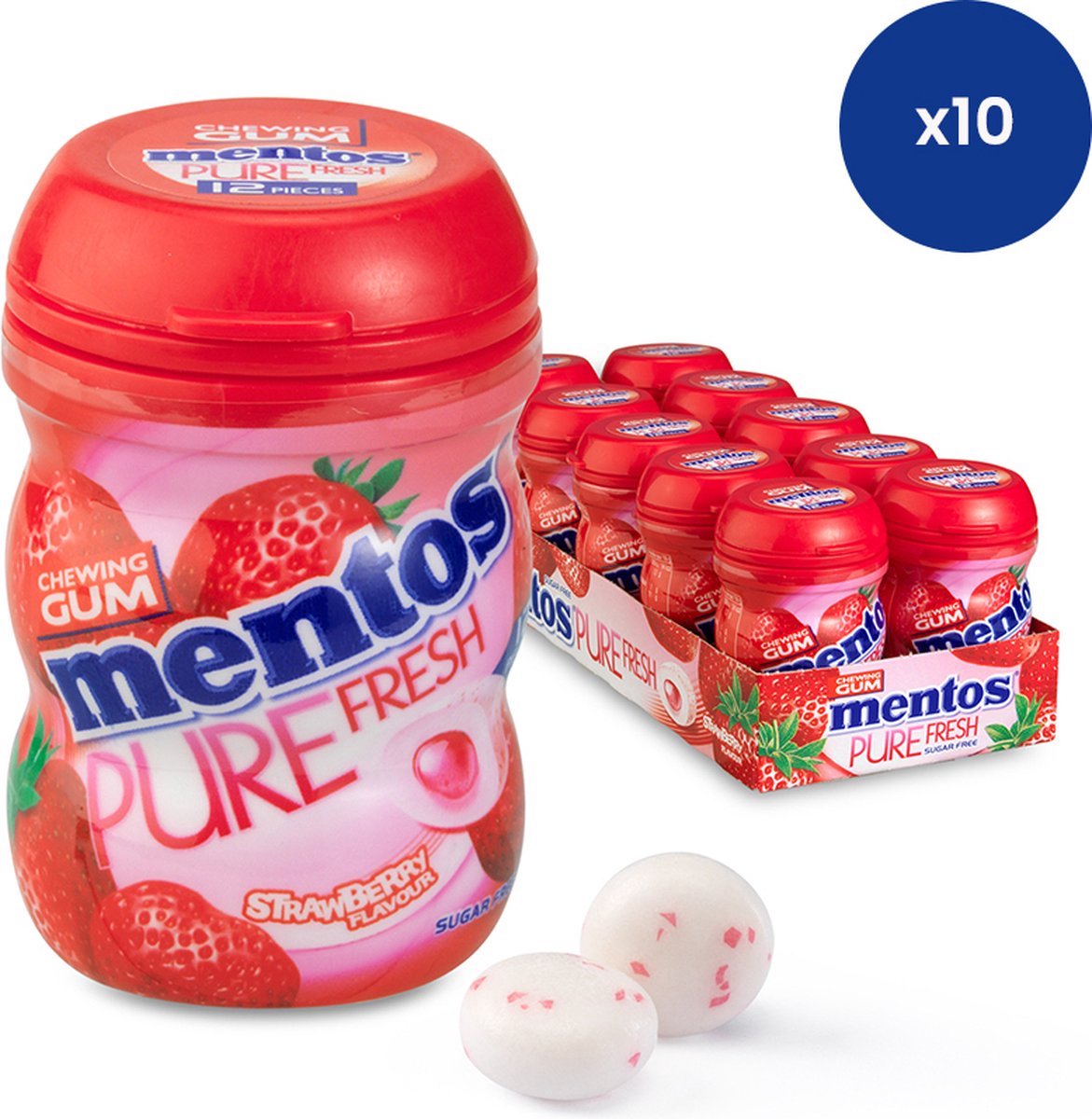 Mentos - Gum - PureFresh - Strawberry - Pot - 10 x 24 gram - Omdoos 6x