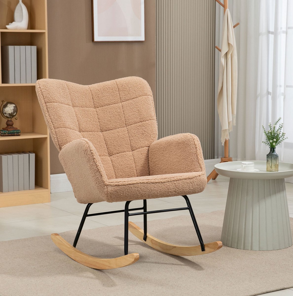 OKWISH Schommelstoel 71 x 98 x 101 cm - Gewatteerde Relaxfauteuil Met Armleuningen - Voor Woonkamer Of Slaapkamer - Stof En Hout - Bruin