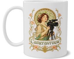 Betoverende Mok 'Cameravrouw' Vintage Art Nouveau Design - Geweldig Cadeau Voor Videografe, Filmmaker of Content Creator - Artistieke Koffiemok Met Beroep en Camera Voor Studio - Dubbelzijdig Bedrukt