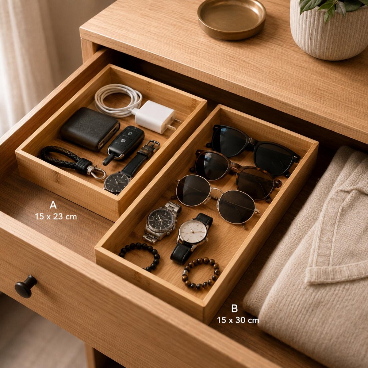 Lade bakjes / organizers set - Smartsystem - 4x delig - bamboe hout - 30 x 53 cm - sorteren opbergsysteem