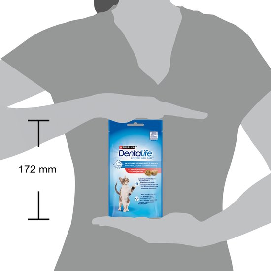 Purina Dentalife zak met een katje dat naar boven kijkt. Afmeting 172 mm.