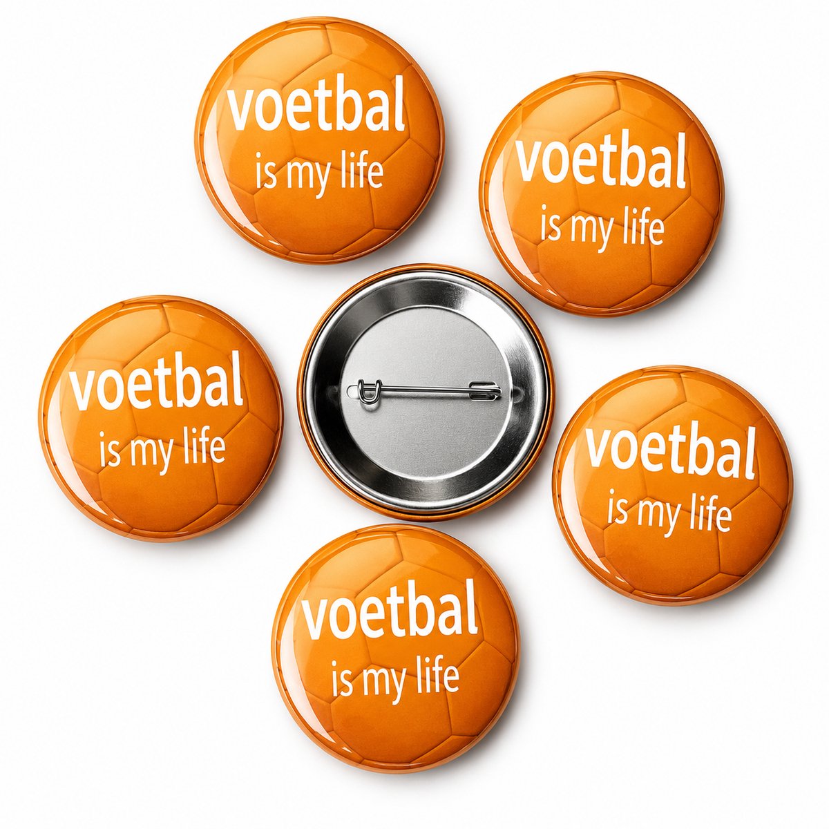 6 Buttons Voetbal is my Life met witte tekst op oranje voetbal - 0ranje versiering - WK - EK - button - oranje - nederlands elftal