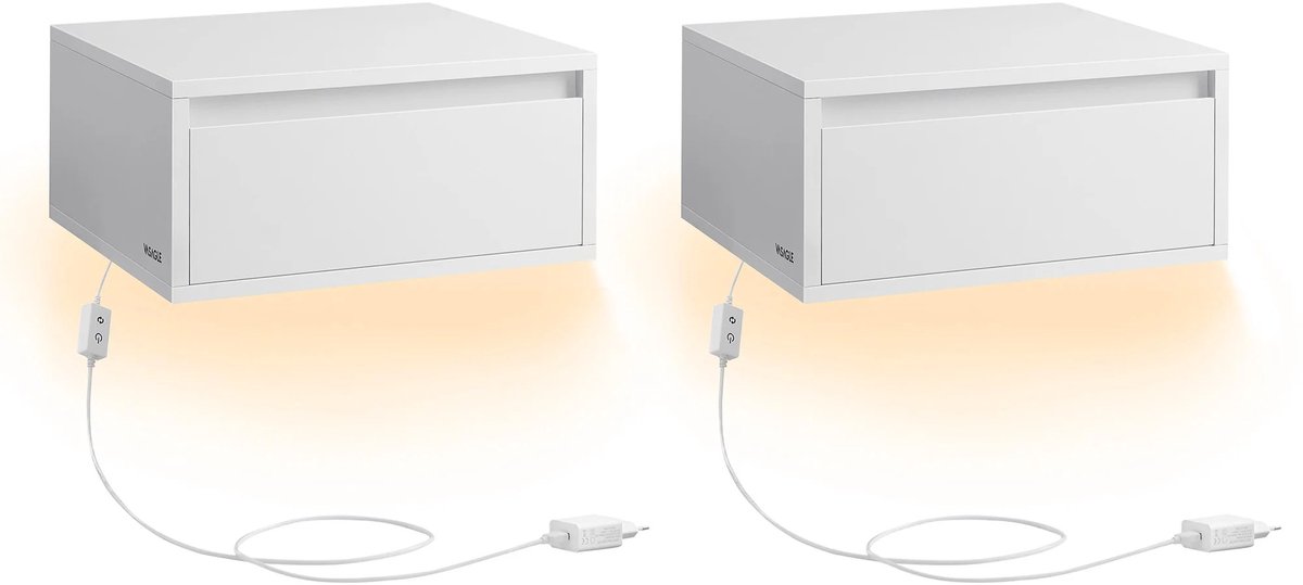 Brandistry - Nachtkastje - Zwevende Lades - Slaapkamer - Verlichting In 3 Kleuren - Set Van 2 Nachtkastjes - Wit - 40x35x20cm -