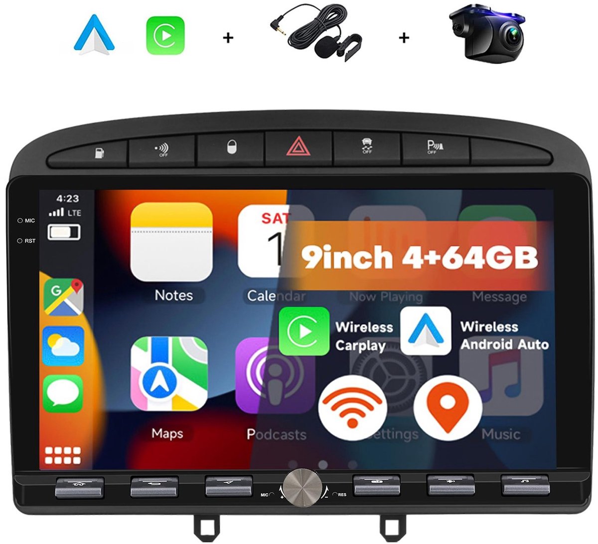 Boscer 2 Din Autoradio - Geschikt voor Peugeot 308 & Peugeot 408 (2007-2015) - Draadloos Apple CarPlay & Android Auto - Vernieuwd Bedieningspaneel - 9 Inch HD Touchscreen - WiFi, Bluetooth & USB - Achteruitrijcamera & Microfoon