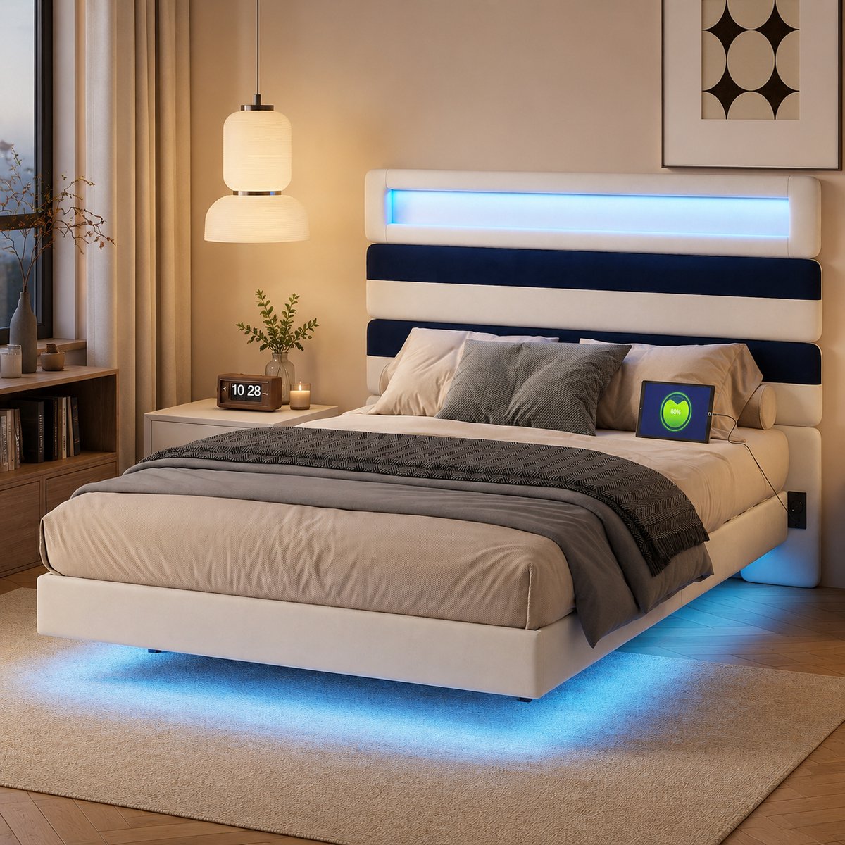 Tweepersoonsbed 140x190 cm met ledverlichting en 2 USB-poorten, gestoffeerd tweepersoonsbed met lattenbodem en verstelbaar hoofdeinde, bedframe voor 2 personen, fluweel Wit