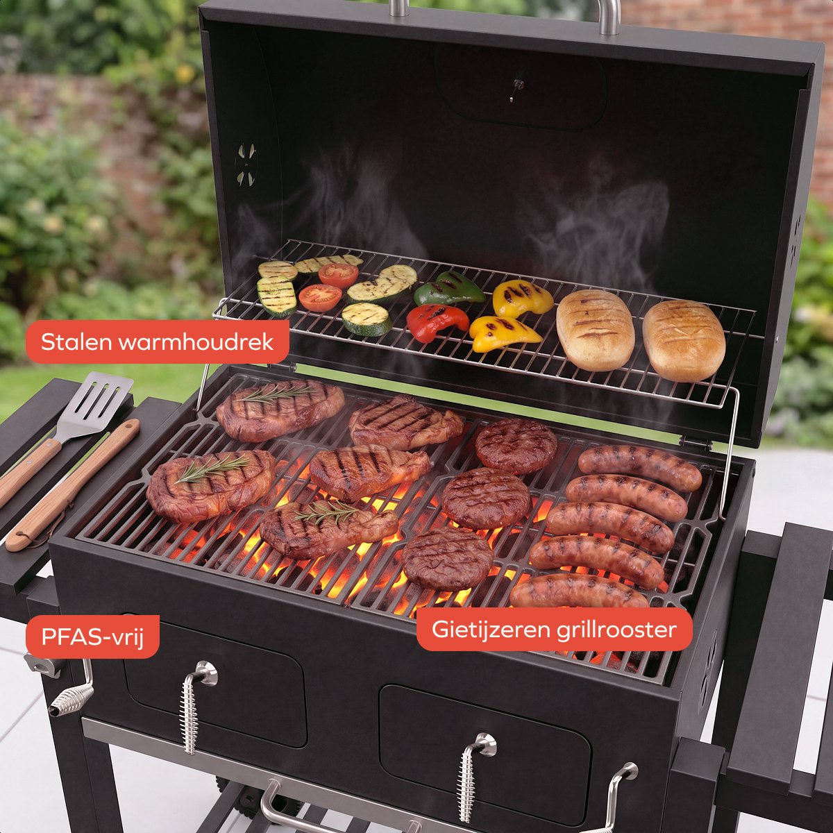 KitchenBrothers Houtskool BBQ XL - Dual Zone Smoker Barbecue - Met Verstelbare Kolenroosters & Inklapbare Zijtafels - PFAS-vrij - 42,3x75,8cm Grilloppervlak - Zwart – foto 4