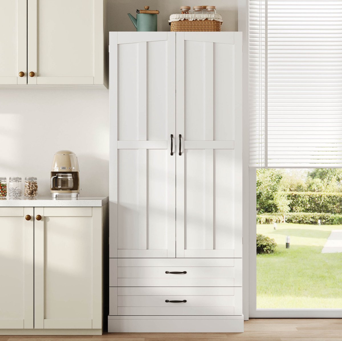 HAUSS SPOLE Keukenkast - Hoge Opbergkast Met Sensorlicht En 2 Lades - Voor Keuken Eetkamer En Woonkamer - MDF - 80x38x180 Cm - Wit