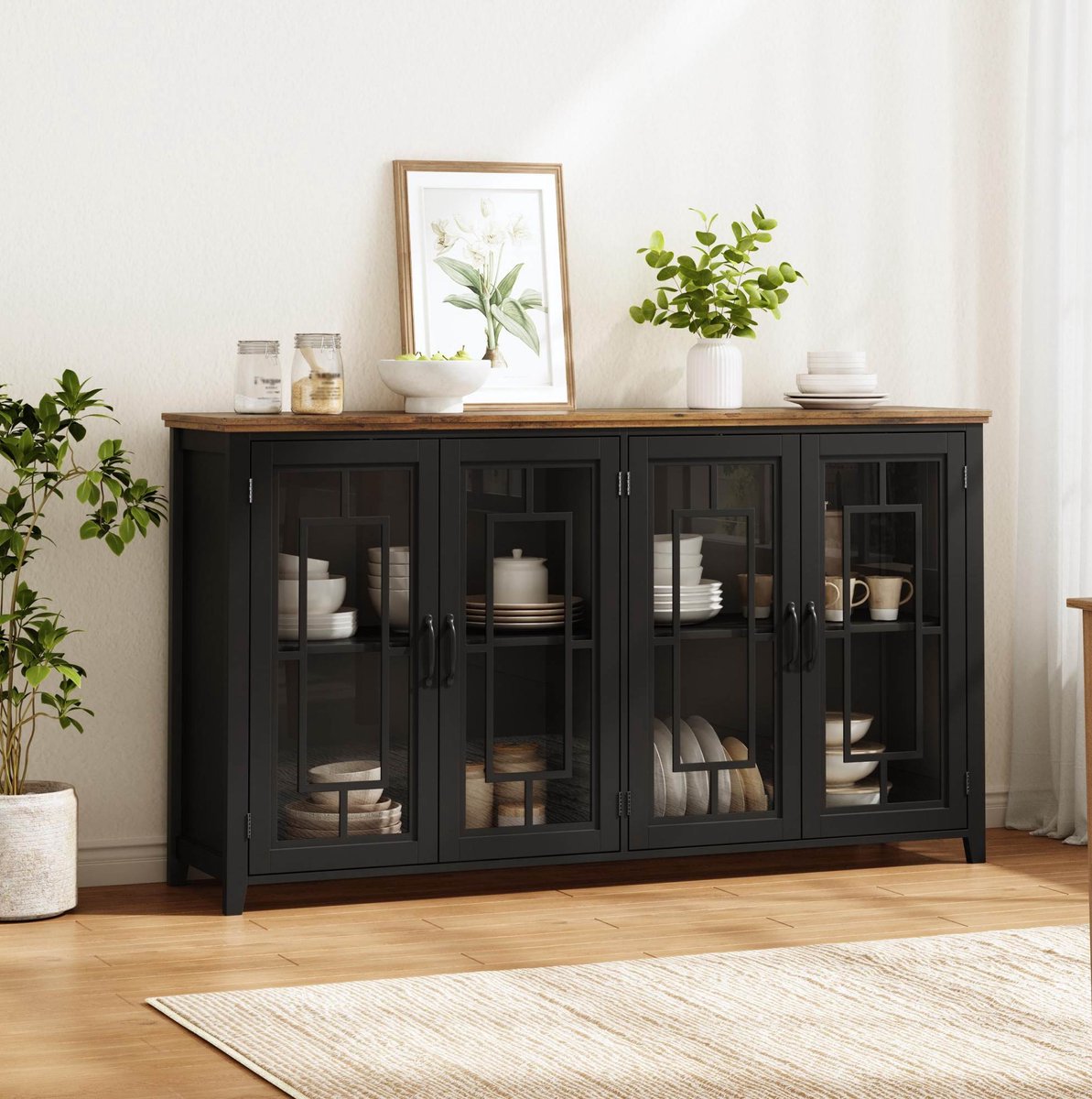 HAUSS SPOLE Keukenkast - Dressoir Met Glazen Deuren En Grote Opbergruimte - Voor Keuken Eetkamer En Woonkamer - MDF - 160x40x86 Cm - Zwart