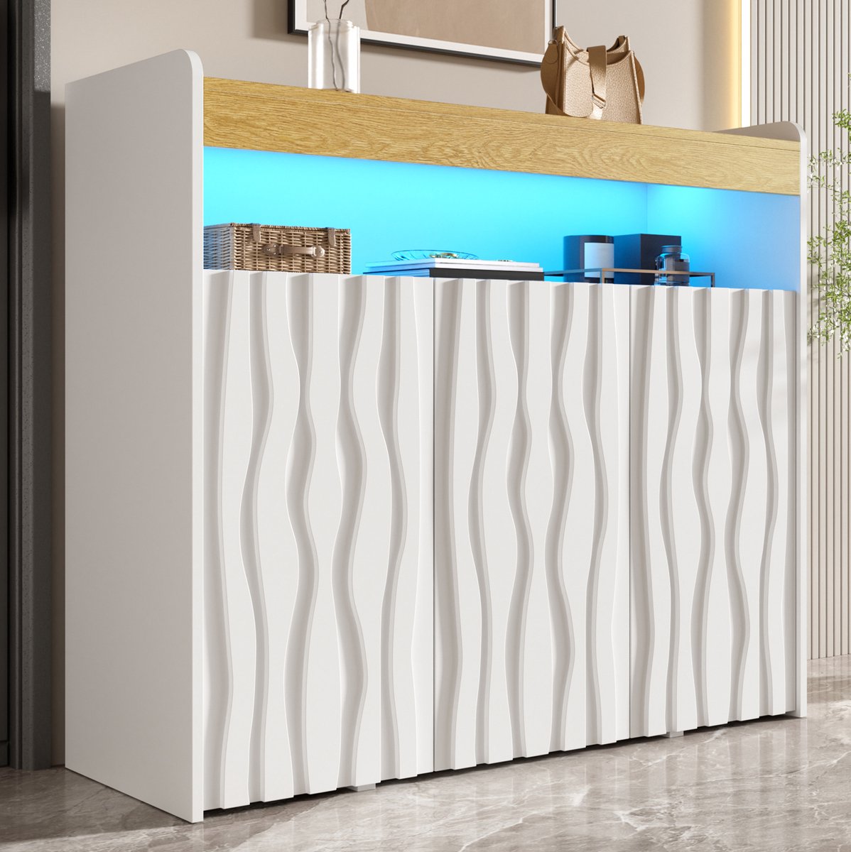 HAUSS SPOLE Schoenenkast - Met Ledverlichting En Golfpatroon - 3 Deuren En Open Opbergvak Voor Hal En Woonkamer - Spaanplaat - 105x33,5x76 Cm - Wit Natuurlijk