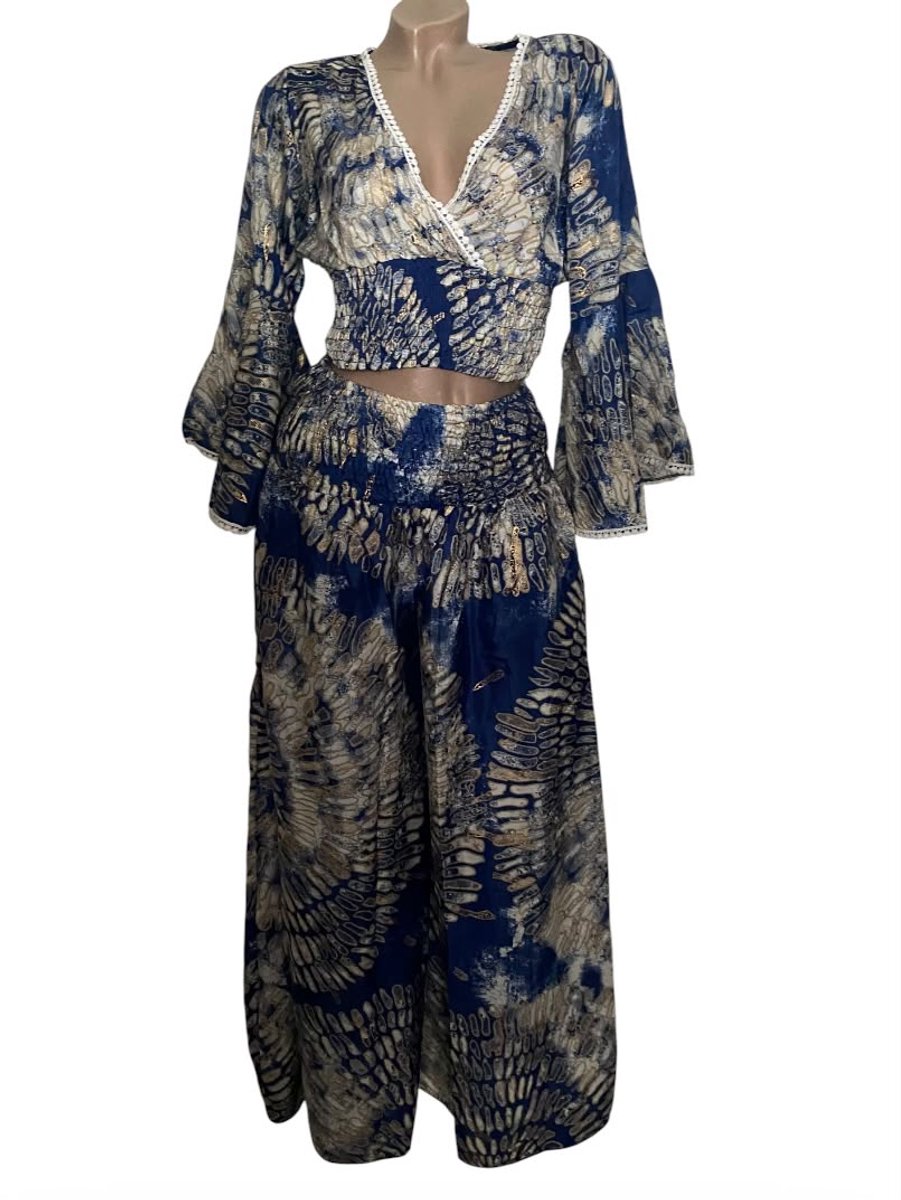 Dames Kleding set - Boho Style - Top met broek - 26143 - One size (36-38) donkerblauw/beige/goud
