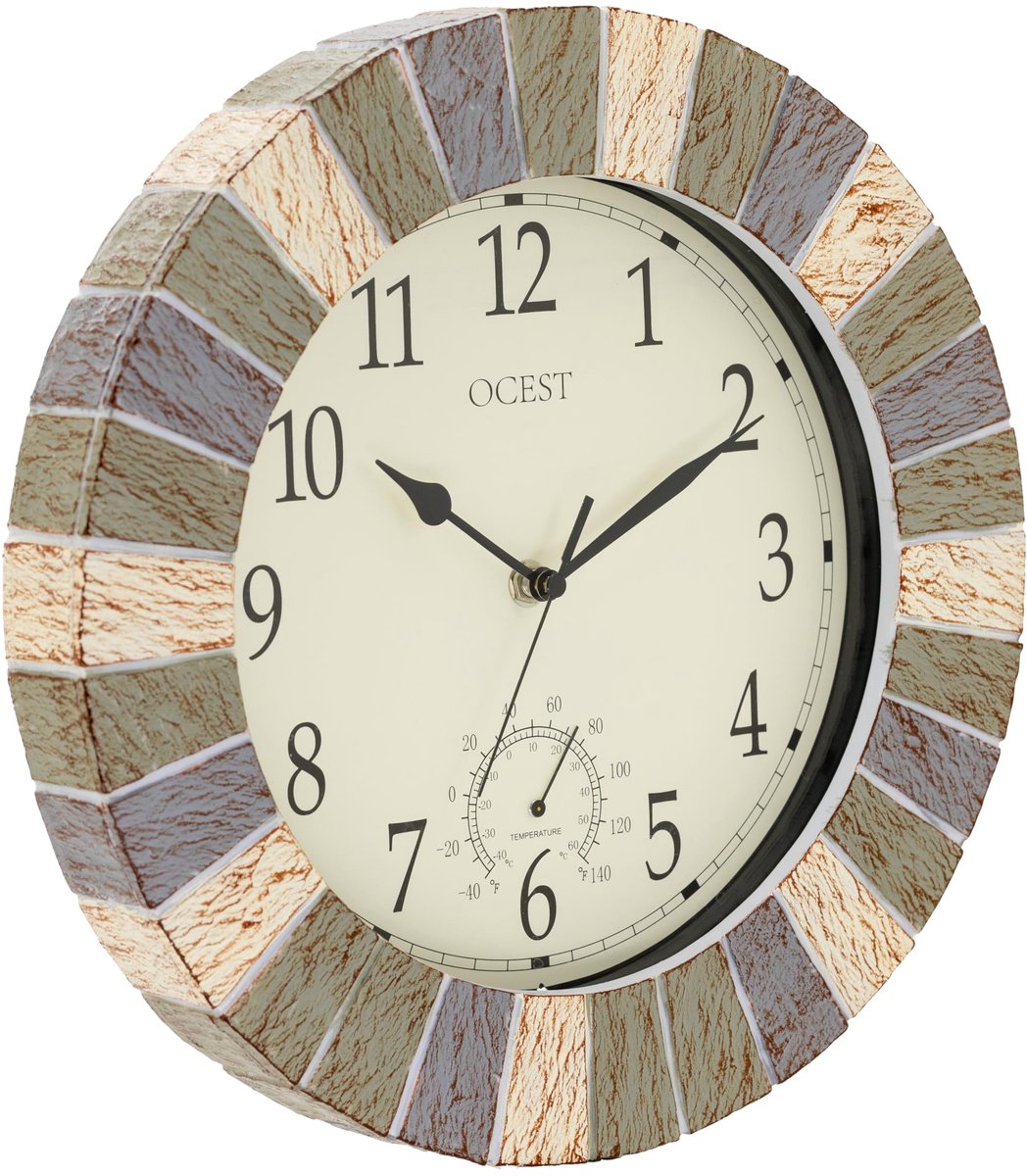SnelShoppen - Waterdichte Klok voor Binnen en Buiten - Thermometer, Weerbestendig, Niet Tikkend, Decoratieve Klok voor Tuin, Terras, Veranda, Zwembad