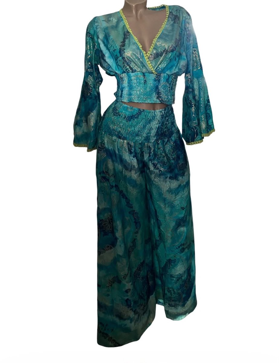 Dames Kleding set - Boho Style - Top met broek - 26143 - One size (36-38) turqoise/donkerblauw/goud