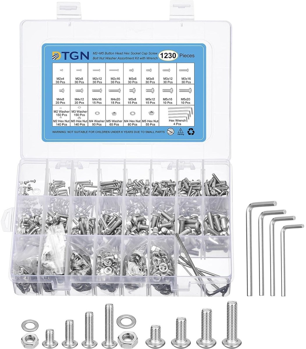 1230 Stuks RVS Schroeven Set M2 M3 M4 M5 met Moeren, Ringen en Sleutels voor Machines en Meubels
