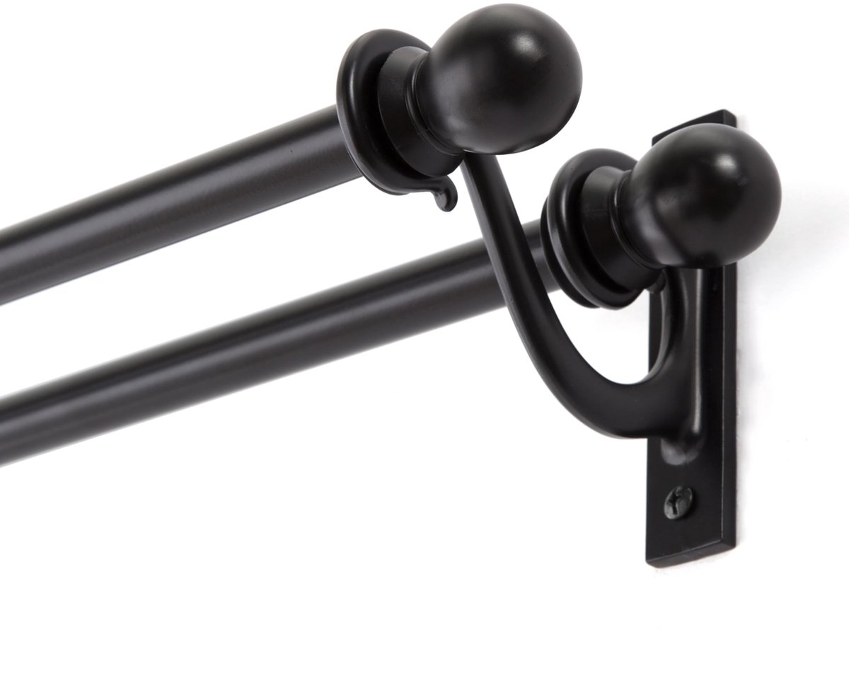 SnelShoppen - Dubbele Gordijnroede Set 75-112 cm - Zwart - Decoratieve Scroll Ball Vensterroede voor Gelaagde Gordijnen - Stijlvolle Raamdecoratie