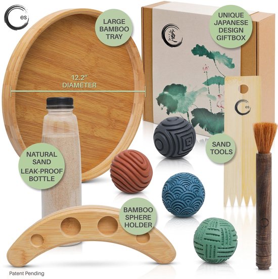 SnelShoppen - Japanse Zen Tuingereedschap Set - 30,5 cm Ronde Bamboe Lade, 4 Stempelbollen, Natuurlijk Zand en Hark - Mini Zen Decoratie Geschenken vo van Snelshoppen — afbeelding 4