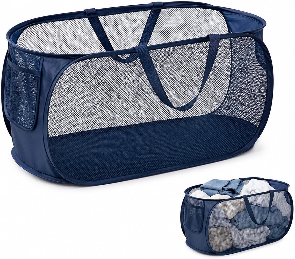 Grote opvouwbare wasmand van 70 liter met handvat, ideaal voor vuile was, slaapkamer en huis, marineblauw