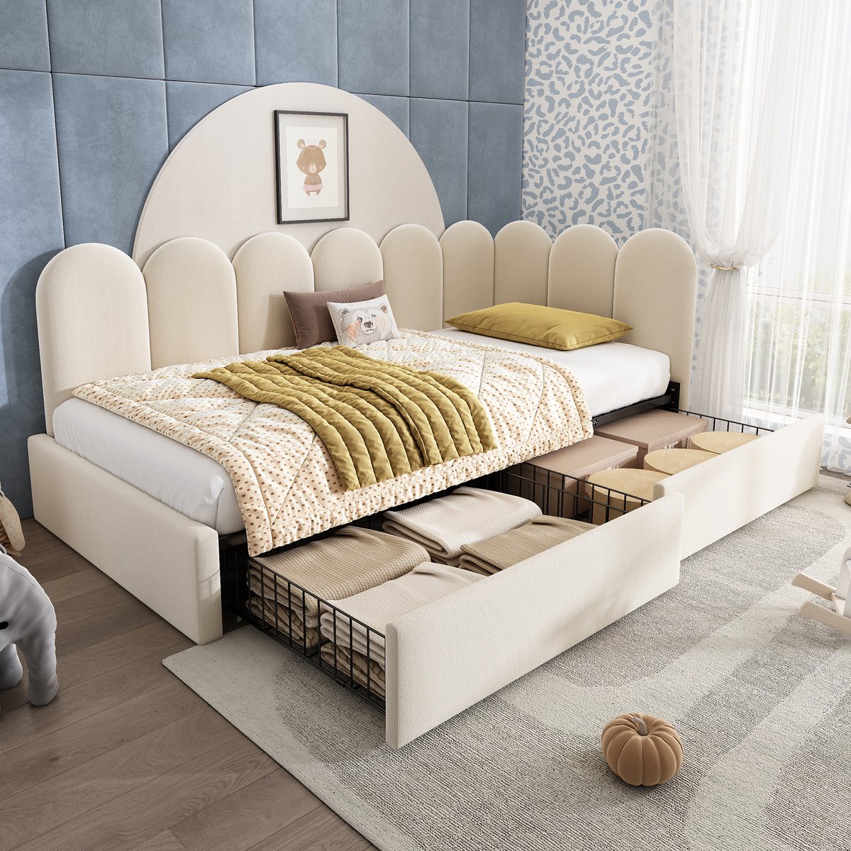 COVREO Bedbank 90x190 cm beige velours met opbergruimte, zonder matras
