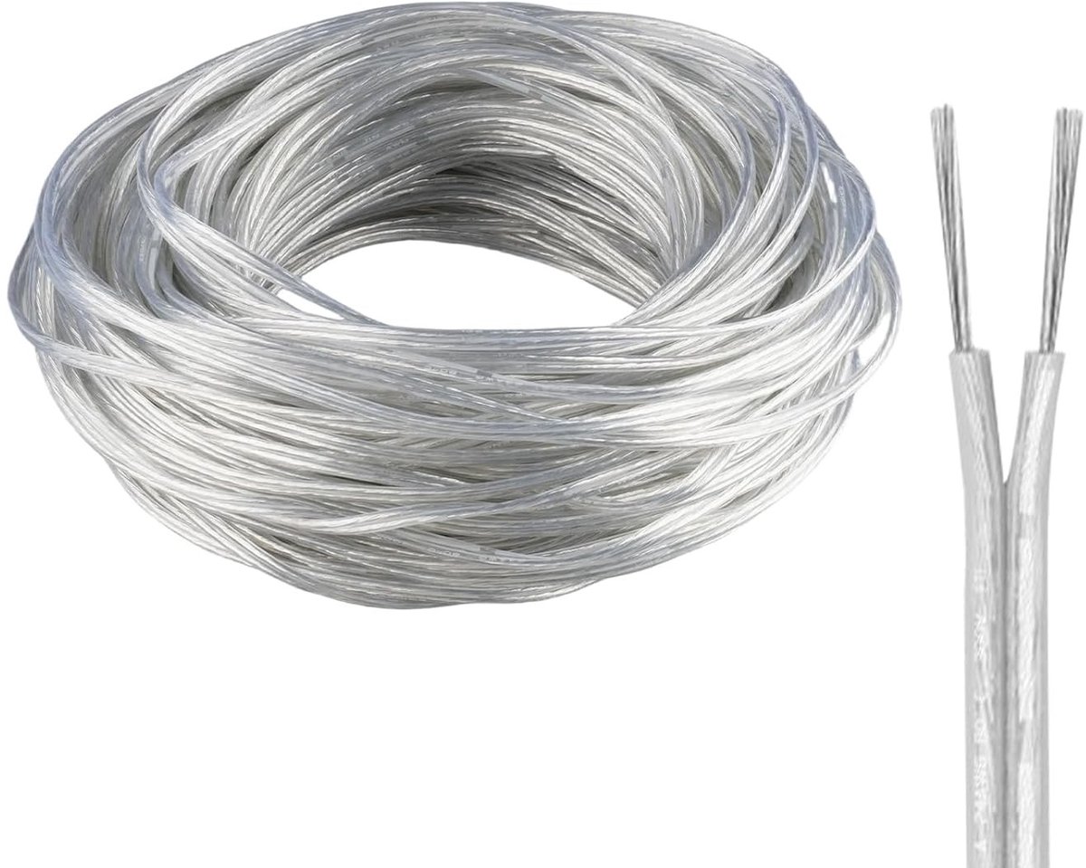 Flexibele 2-Core PVC Kabel van 15m, 24AWG Duidelijke Elektrische Kabel voor Huishoudelijke Apparaten met Lage Vermogen, Buiten Diameter 1.8 x 3.6mm