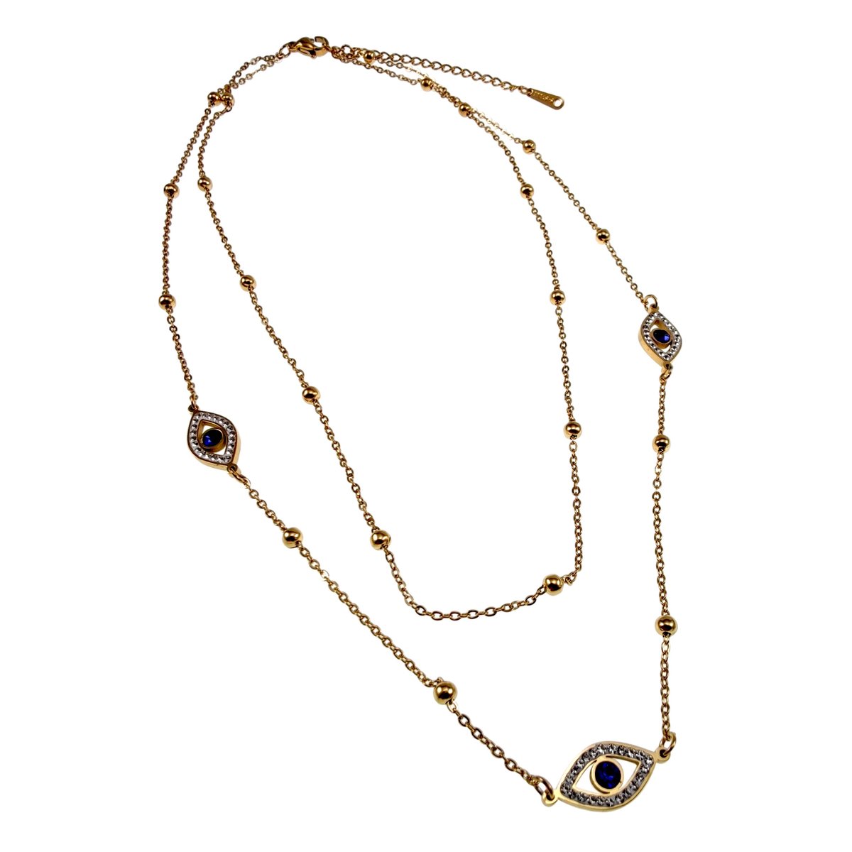 Dubbele Damesketting met Blauwe Boze Oog Bedels, Verguld Roestvrij Staal - Verstelbaar 40-45 cm