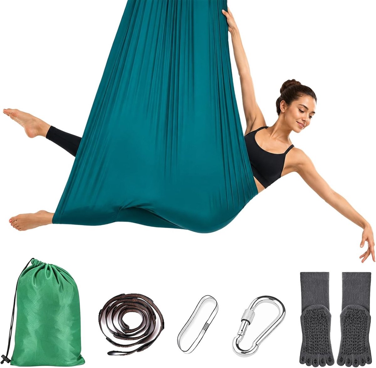 Aerial Yoga Hammock Set 280 x 150 cm met Verlengingsband en Carabiner - Duurzaam en Scheurvast Yoga Towel voor Thuis en Studio, Tot 200 kg Belastbaar