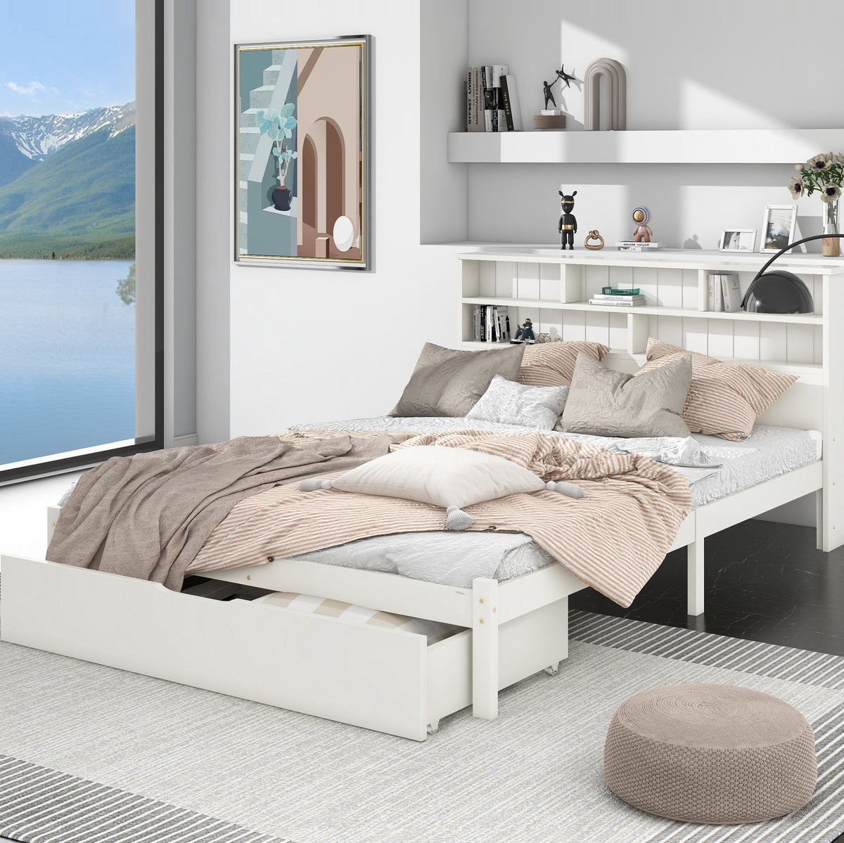 COVREO Bedframe 140x200 cm wit, bedlade, boekenrek hoofdbord, zonder matras
