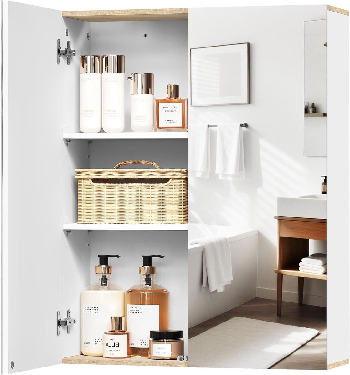 Spiegelkast Badkamer - Wandkast Kast - Opbergen Toiletartikelen - Verstelbare Planken - 60 x 75 cm - Wit Eiken