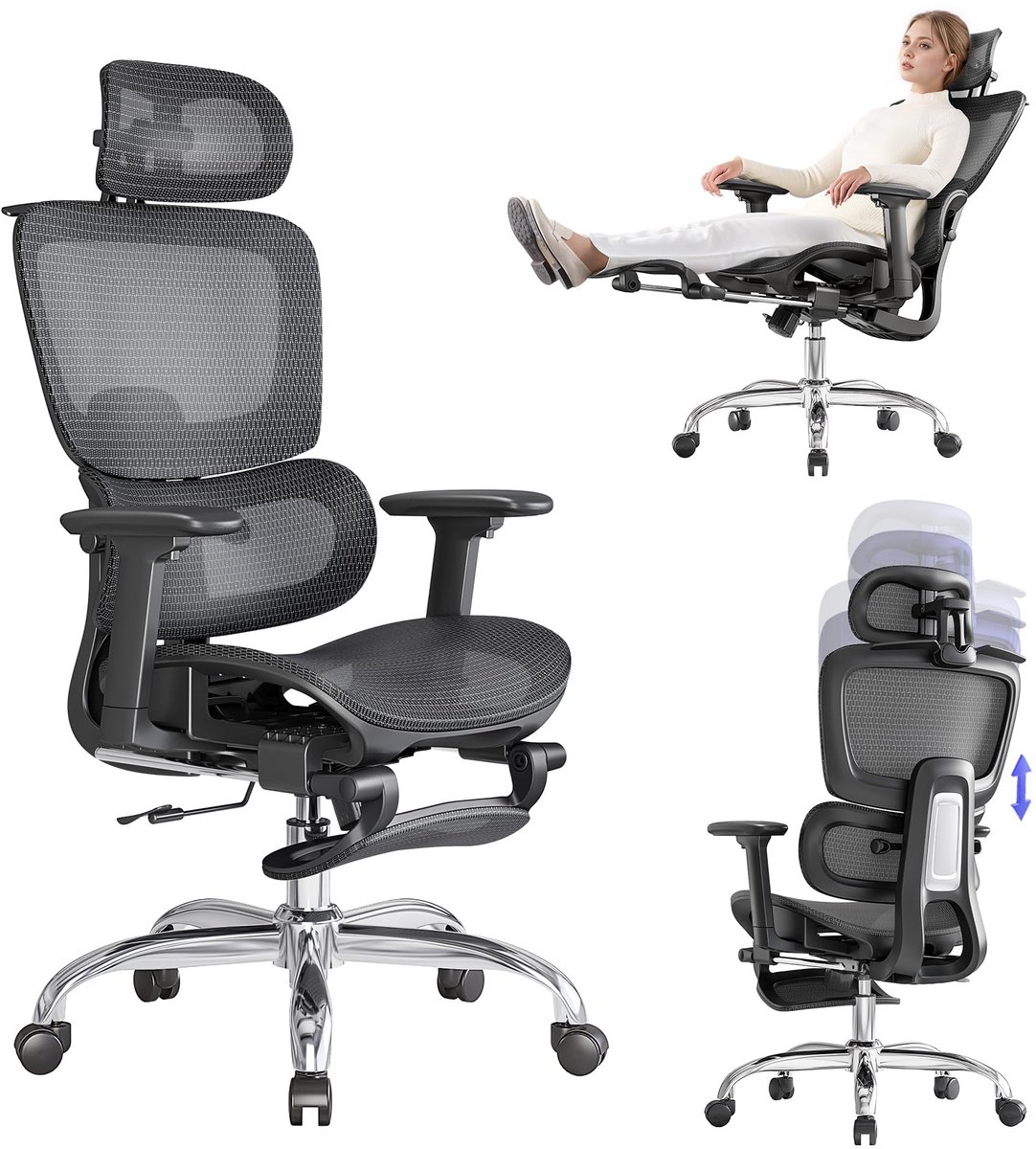 SnelShoppen - Ergonomische Bureaustoel met Voetensteun - 5-Zones Verstelbare Rugleuning, 2D Lendensteun, 3D Arm-/Hoofdsteun, 145° Kantelfunctie en Ade