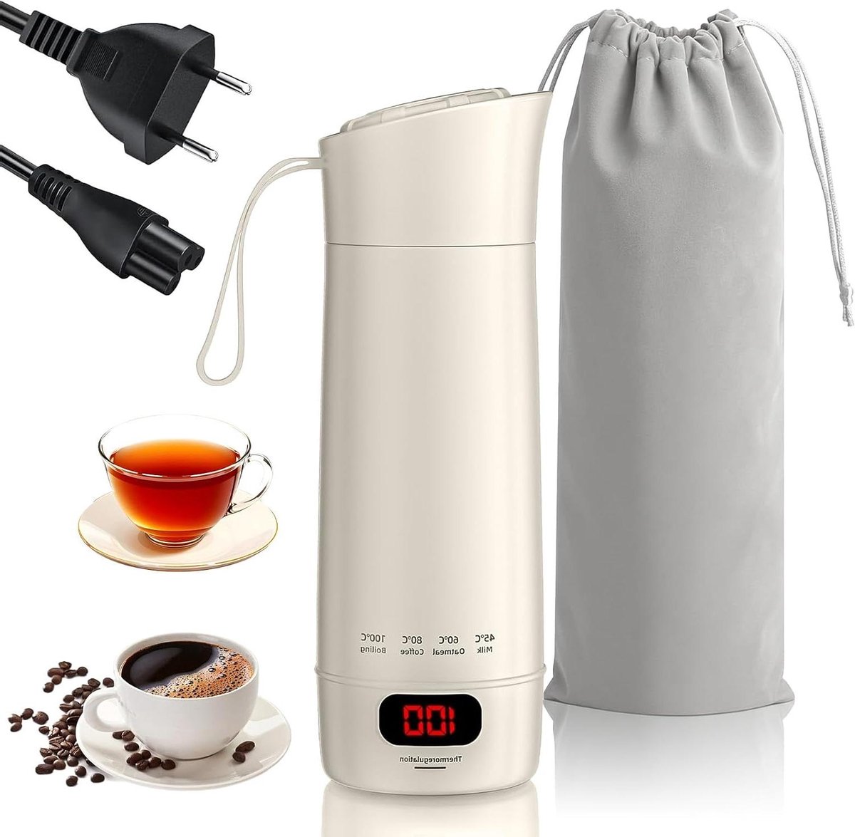 Reiswaterkoker - Kleine waterkoker - Warme dranken maken - Instelbare temperatuur - 400 ml - Wit