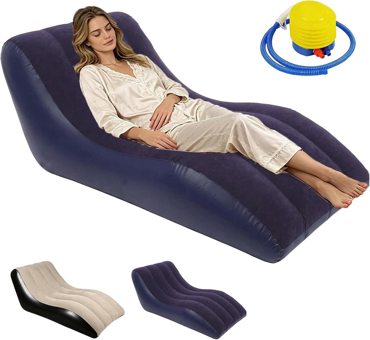 Opblaasbare S-boog bank met voetpomp, waterdicht en comfortabel voor camping en zwembadgebruik, ideaal voor binnen en buitenactiviteiten