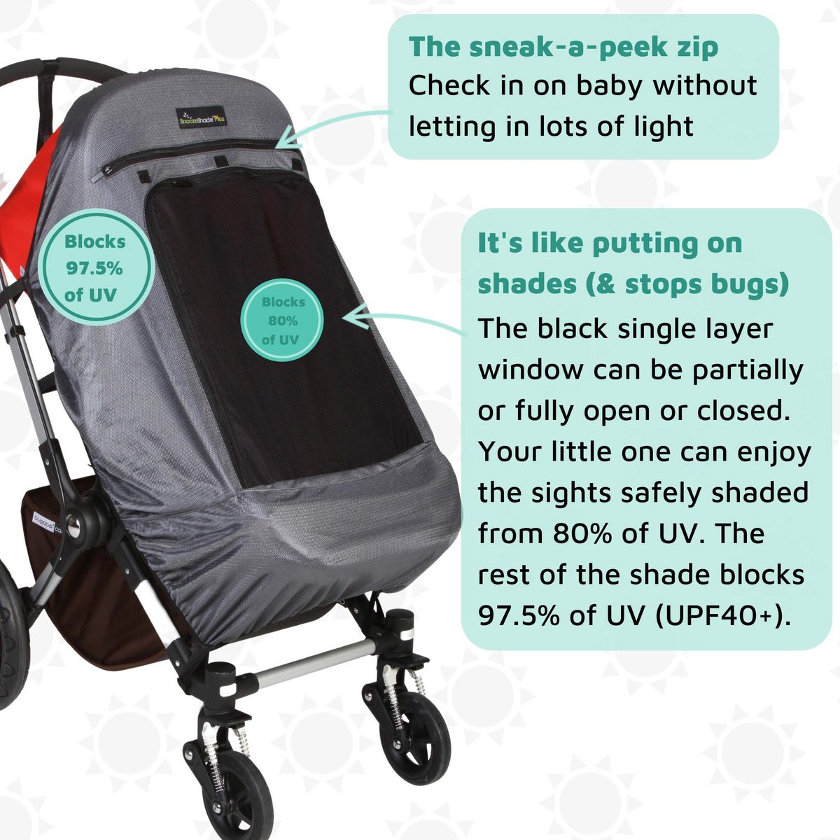 SnelShoppen - Zonnescherm Kinderwagen Universele Pasvorm | UV Bescherming 97,5% (UPF40+) | Ideaal voor Baby's vanaf 6+ Maanden | SnoozeShade Plus Delu