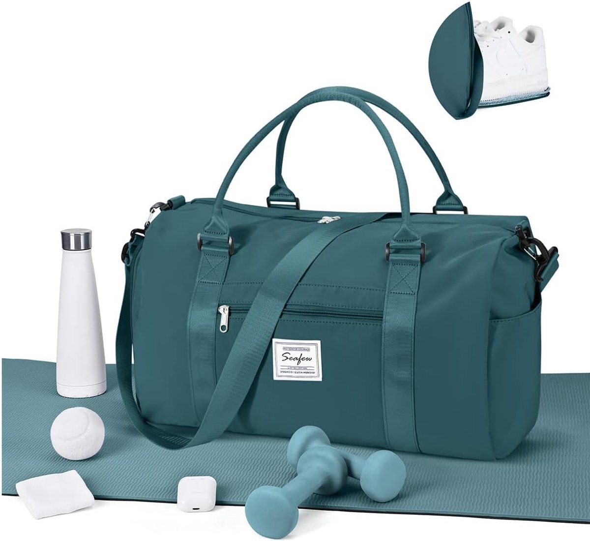 SnelShoppen - Sporttas Dames Heren - Waterdichte Sporttassen met Schoenenvak - Fitness Tas voor Gym - Reistas Weekendtas Plunjezak A7-Pauwblauw