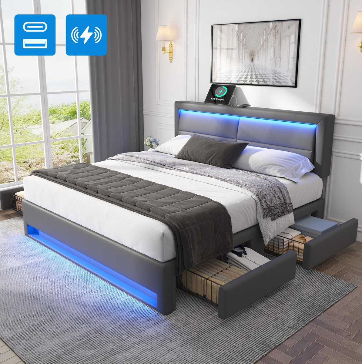 COVREO Bedframe 140x190 cm grijs PU met LED en opberglades zonder matras