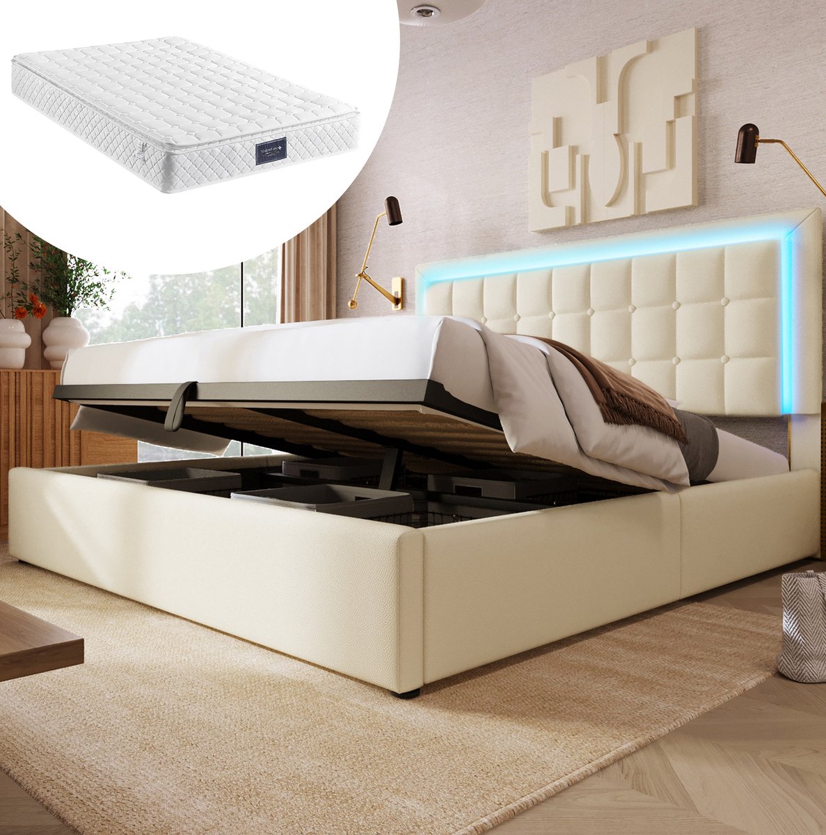 STILVORA Gestoffeerd Bed 140x200 cm – Tweepersoonsbed Met Matras – LED Verlichting En Stauraum – Voor Volwassenen – Kunstleer – Wit