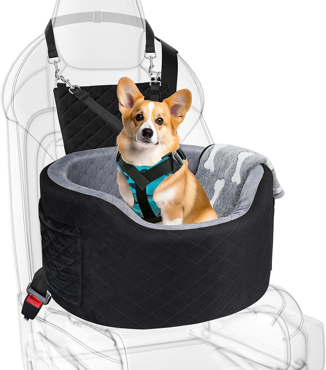 SnelShoppen - Hondenautostoeltje voor kleine honden, waterdichte Liner Booster autostoel, zwart 28D traagschuim hondenbed, reisbed met opbergzakken vo