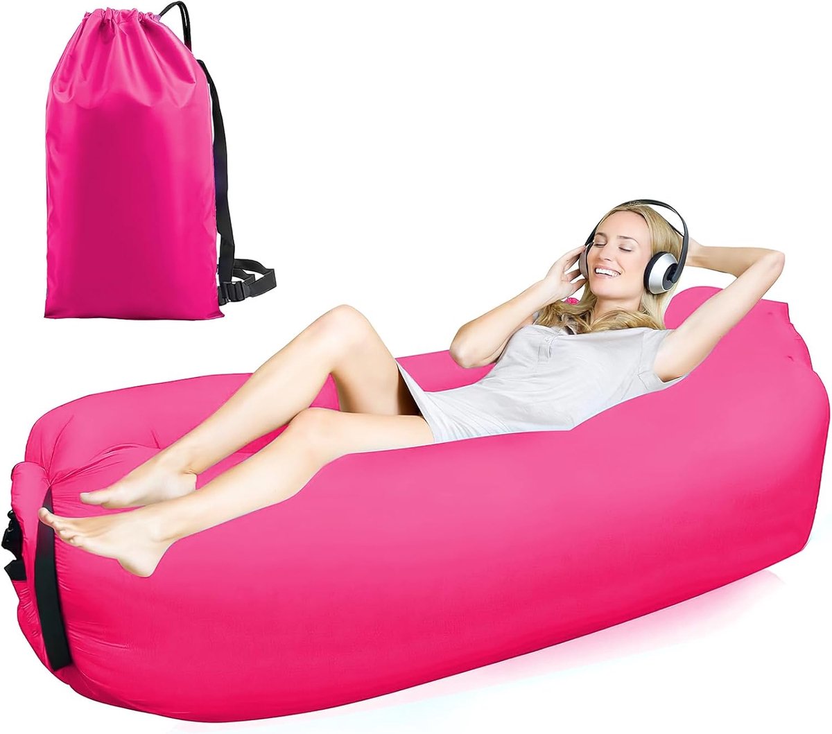 SnelShoppen - Air Bean Bag Air Sofa - Opblaasbare Buitenbank voor Camping, Strand en Tuin - Ergonomisch, Lichtgewicht, Maat M, Roze