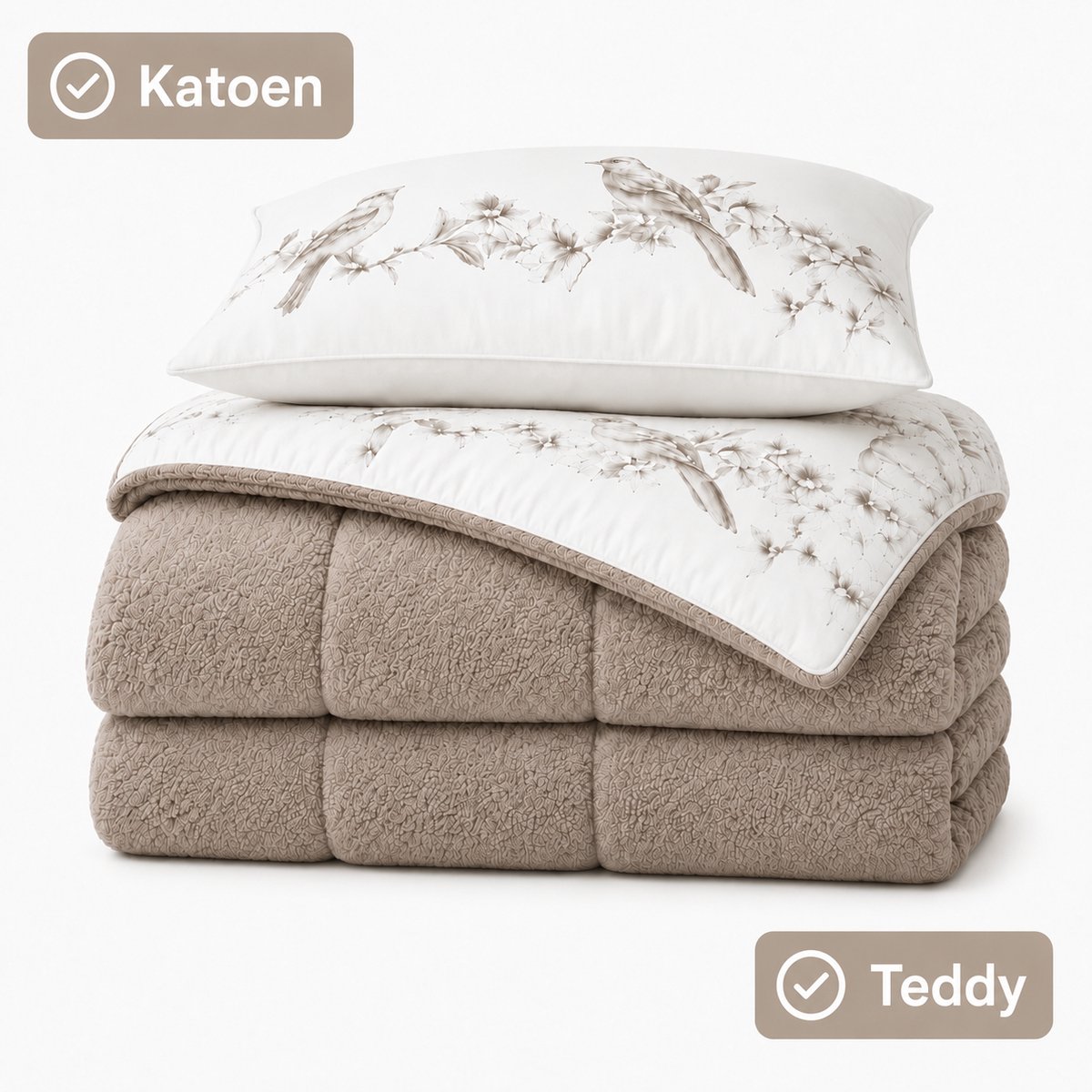 Decoware Dekbed Zonder Overtrek Mevlin - Met Kussensloop - Ademend Katoen & Zacht Teddy - Hoesloos & Wasbaar - Vogel Dessin - Beige - Wit