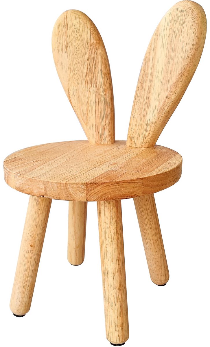 SnelShoppen - Massief Houten Standaard Kruk met Konijnenoren Rugleuning voor Kinderen - Ronde Houten Kinderstoel voor Eten, Lezen en Spelen in Houtkle