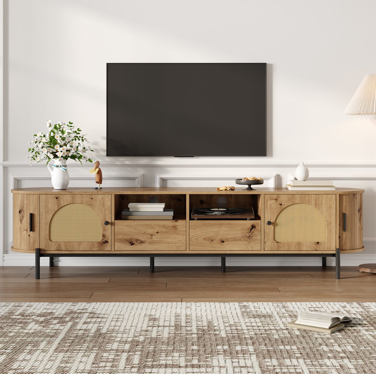MODENUIT Dressoir - Ovale Kast Met Rotan, Schuifdeuren En 2 Laden - Voor Woonkamer - MDF - 200x40x49,5 cm Naturel