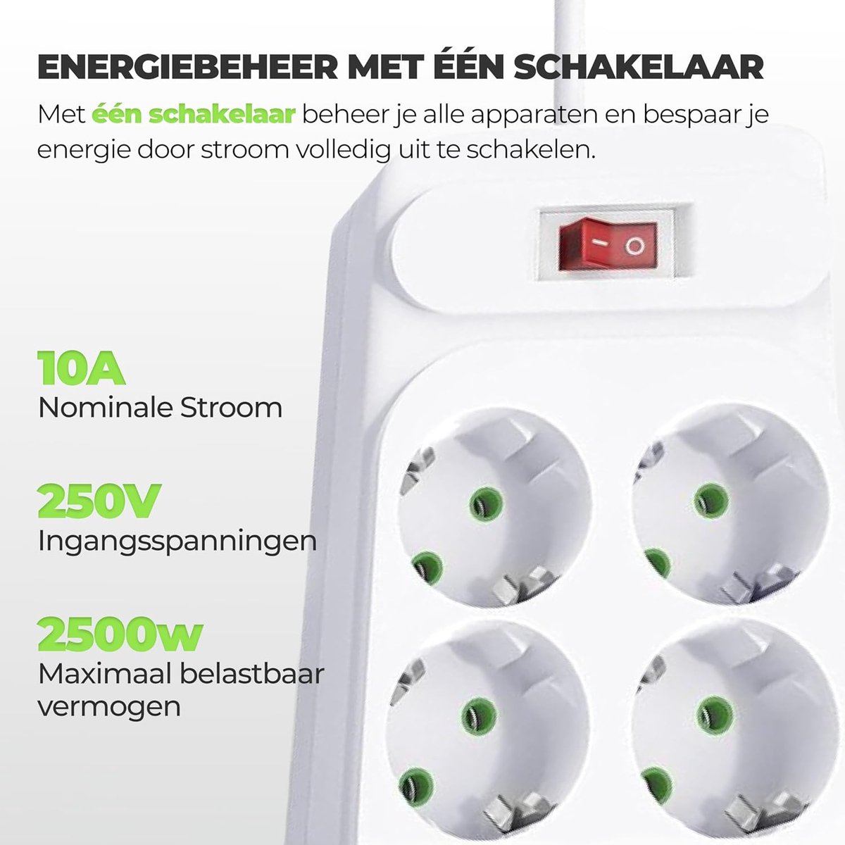 SnelShoppen - Power Brick Power Strip, 8 Sockets, 6 USB Poorten, 2500W, Wit, 5 Meter - Stekkerdoos met Snellader voor Thuis, Kantoor, Camping en Meer