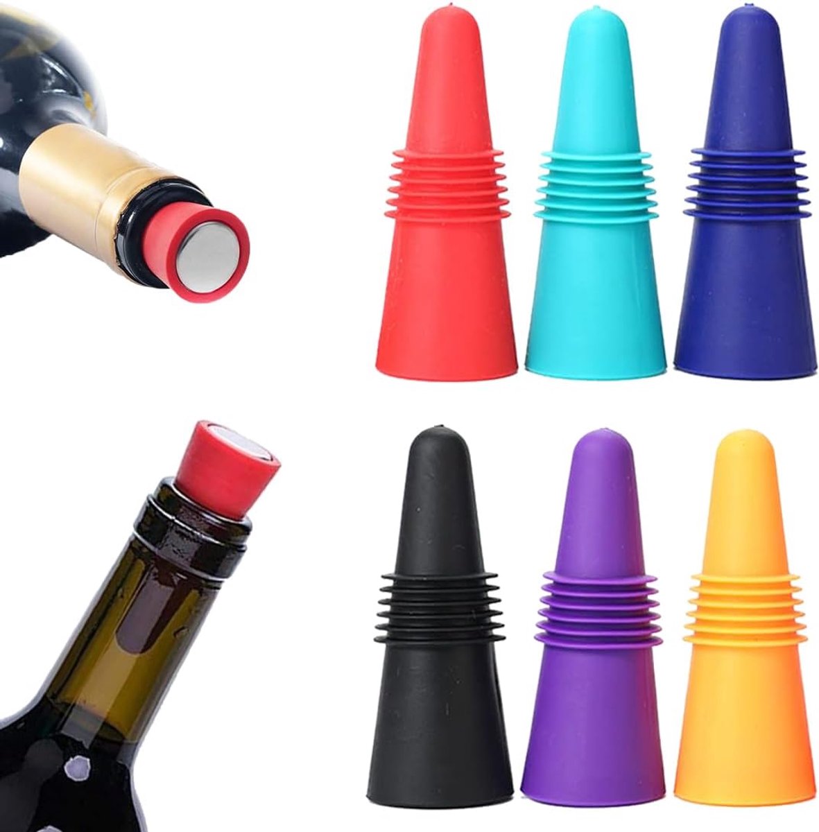 Set van 6 siliconen flessenstoppers, geschikt voor wijn en champagne, zes kleuren, houden wijn vers, wijnstoppers voor in de keuken en het huishouden, siliconen flessendoppen