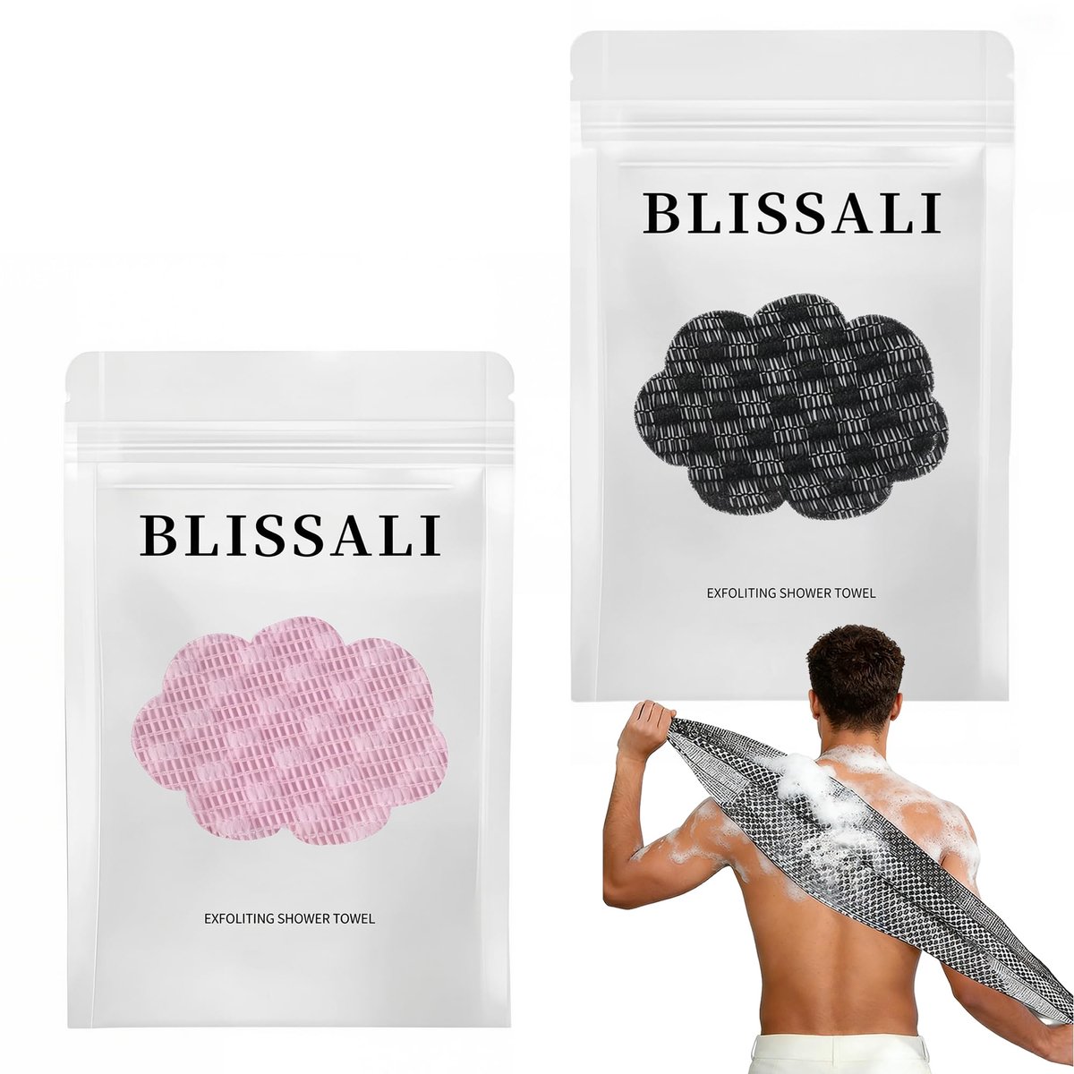 SnelShoppen - 2x Blissal Antibacteriële Douchehanddoek - Exfoliërende Scrub Lichaamsdoek - Rugborstel Doucheaccessoires - Loofah Spons voor Mannen en