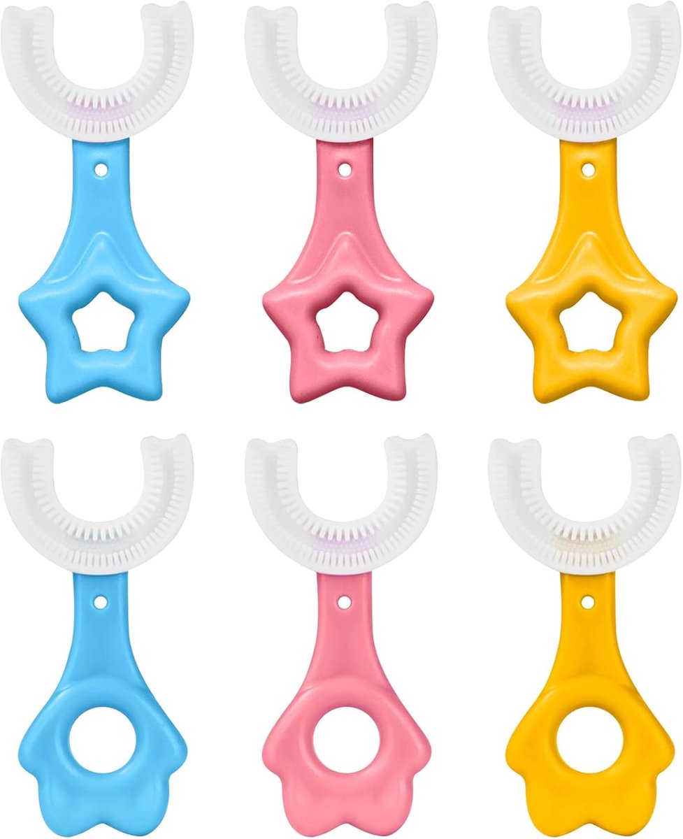 6 stuks voor kindertandenborstels, U-vormige tandenborstel met handvat en siliconen borstels, tandenreinigingsborstel 6-12 jaar, blauw, roze, geel